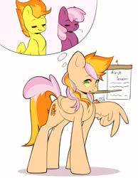 Size: 1700x2190 | Tagged: safe, artist:pledus, imported from derpibooru, cheerilee, spitfire, oc, oc:learning curve, earth pony, pegasus, pony, baton, board, clipboard, commissioner:bigonionbean, dialogue, female, flying, fusion, fusion:cheerilee, fusion:spitfire, high res, letter, mare, paper, simple background, thought bubble, white background, writer:bigonionbean, writing