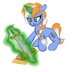 Size: 714x714 | Tagged: safe, artist:jen-neigh, imported from derpibooru, oc, oc only, oc:alloy shaper, pony, unicorn, fallout equestria, fallout equestria: wasteland economics, braid, concentrating, fanfic art, female, magic, simple background, sitting, solo, sword, telekinesis, weapon, whetstone, white background
