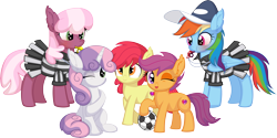 Size: 11247x5629 | Tagged: safe, artist:cyanlightning, imported from derpibooru, apple bloom, cheerilee, rainbow dash, scootaloo, sweetie belle, earth pony, pegasus, pony, unicorn, absurd resolution, adorabloom, blowing whistle, cheeribetes, clothes, coach rainbow dash, coaching cap, commissioner:crimsonvalentazure, context in description, cute, cutealoo, cutie mark crusaders, dashabetes, diasweetes, dress, ear fluff, exercise, female, filly, foal, football, group, gym class, gym teacher rainbow dash, mare, messy mane, puffy cheeks, quintet, rainblow dash, rainbow dashs coaching whistle, red face, referee, referee cheerilee, referee rainbow dash, scootalove, simple background, sports, teacher, teacher and student, that pony sure does love whistles, transparent background, whistle, whistle necklace