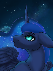 Size: 1620x2160 | Tagged: safe, alternate version, artist:ondrea, imported from derpibooru, princess luna, alicorn, pony, bust, constellation, curved horn, ethereal mane, flowing mane, galaxy mane, horn, looking up, night, night sky, portrait, sky, solo, spread wings, stars, wings