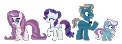 Size: 1280x460 | Tagged: safe, artist:marrayala, imported from derpibooru, fashion plate, rarity, oc, oc:beryl, oc:eveline barrette, pony, unicorn, base used, bowtie, family, father and child, father and daughter, female, filly, foal, glasses, male, mare, mother and child, mother and daughter, offspring, parent:fashion plate, parent:rarity, parents:rariplate, rariplate, shipping, simple background, stallion, straight, transparent background, watermark