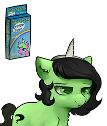 Size: 2200x2600 | Tagged: safe, artist:dumbwoofer, imported from derpibooru, oc, oc:filly anon, earth pony, pony, box, female, filly, foal, horn, inflatable toy, simple background, solo, transparent background, unamused