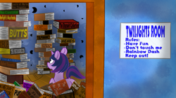 Size: 1029x578 | Tagged: safe, artist:mareijuana, imported from derpibooru, twilight sparkle, pony, unicorn, bible, book, book title humor, butts, female, indoors, looking at something, meme, sitting, solo, that pony sure does love books, unicorn twilight, whiteboard