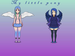 Size: 800x600 | Tagged: safe, artist:blue-marin, imported from derpibooru, princess celestia, princess luna, human, breasts, clothes, duo, gradient background, humanized, kisekae, shirt, shoes, skirt, socks, winged humanization, wings
