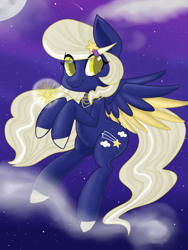 Size: 768x1024 | Tagged: safe, artist:noriyoriyaki, imported from derpibooru, oc, oc:starfall, pegasus, blonde mane, blonde tail, coat markings, colored pupils, colored wings, eye clipping through hair, female, flying, glowing, hairclip, jewelry, link in description, long mane, mare, mist, moon, necklace, night, night sky, pegasus oc, sky, smiling, socks (coat markings), stars, striped mane, striped tail, tail, two toned wings, wings, yellow eyes
