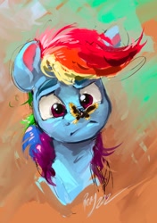 Size: 3770x5353 | Tagged: safe, artist:rigbyh00ves, imported from derpibooru, rainbow dash, butterfly, pegasus, pony, abstract background, bust, butterfly on nose, female, insect on nose, mare, portrait, solo