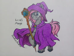 Size: 1280x961 | Tagged: safe, artist:soulfulmirror, imported from derpibooru, oc, oc only, oc:soulful mirror, pony, clothes, glasses, hat, ponysona, solo, staff, traditional art, wizard hat, wizard robe