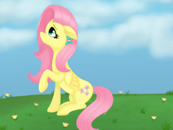 Size: 1280x960 | Tagged: safe, artist:sashamoon0567, imported from derpibooru, fluttershy, pegasus, pony, female, floppy ears, flower, folded wings, grass, hair accessory, looking up, mare, outdoors, profile, raised hoof, sitting, solo, wings