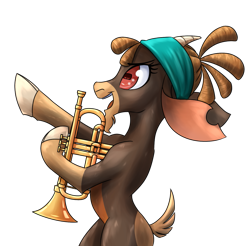 Size: 1221x1200 | Tagged: safe, artist:redahfuhrerking, imported from derpibooru, shanty (tfh), goat, them's fightin' herds, community related, musical instrument, rectangular pupil, simple background, solo, transparent background, trumpet