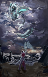 Size: 4000x6353 | Tagged: safe, artist:龙宠, imported from derpibooru, oc, oc:circle, oc:skywalk shadow, pony, siren, absurd resolution, big pony, cloud, fins, lightning, ocean, water, wave