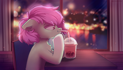 Size: 2725x1549 | Tagged: safe, artist:raily, imported from derpibooru, earth pony, pony, bubble tea, cafe, city, night, solo, table, window