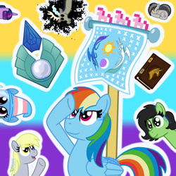 Size: 3000x3000 | Tagged: safe, artist:shiruvix, imported from derpibooru, derpy hooves, discord, octavia melody, pinkie pie, rainbow dash, trixie, twilight sparkle, oc, oc:filly anon, earth pony, pegasus, pony, unicorn, 8-bit, among us, april fools, april fools 2022, book, clone, crystal, earth pony crystal, equestrian flag, female, filly, g5, high res, journal, no eyes, outline, pegasus crystal, pixel art, r/place, reddit, salute, twilight's journal, unicorn crystal, unity crystals, white outline