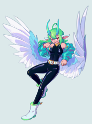 Size: 2964x4000 | Tagged: safe, imported from derpibooru, oc, oc:shanher, dragon, human, belt, boots, dragoness, female, gijinka, humanized, latex, latex suit, not pony related, shoes, solo, spread wings, wings