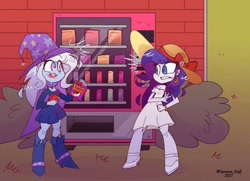 Size: 1024x740 | Tagged: safe, artist:opossum-stuff, imported from derpibooru, rarity, trixie, equestria girls, cheeto dust, cheetos, clothes, dress, duo, female, hat, sun hat, vending machine