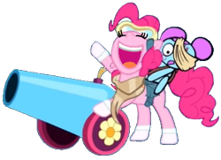 Size: 395x286 | Tagged: safe, artist:jakeneutron, imported from derpibooru, pinkie pie, earth pony, pony, bag, bandage, cannon, clothes, crossover, duo, dusk till dawn, eyes closed, friday night funkin', goggles, hair bun, open mouth, party cannon, pibby, riding a pony, saddle bag, scarf, scratches, simple background, smiling, socks, transparent background, volumetric mouth