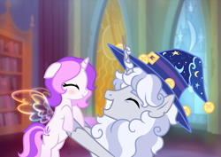 Size: 2686x1899 | Tagged: safe, artist:equmoria, imported from derpibooru, oc, oc:sparkiss, oc:starswirl the bearded (equmoria), alicorn, pony, unicorn, alternate design, artificial wings, augmented, cute, duo, eyes closed, grandfather and grandchild, hat, holding a pony, kinsona, male, ocbetes, swirlabetes, wings, wizard hat