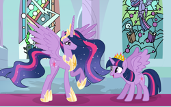 Size: 4762x2993 | Tagged: safe, artist:existencecosmos188, imported from derpibooru, twilight sparkle, alicorn, pony, the last problem, ascension enhancement, base used, clothes, crown, duality, duo, ethereal hair, ethereal mane, ethereal tail, eyelashes, female, hoof shoes, indoors, jewelry, lidded eyes, mare, older, older twilight, peytral, princess shoes, princess twilight 2.0, raised hoof, regalia, self paradox, self ponidox, shoes, smiling, stained glass, starry mane, tail, tiara, time paradox, twilight sparkle (alicorn)