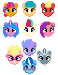 Size: 1178x1520 | Tagged: safe, imported from derpibooru, hitch trailblazer, izzy moonbow, pipp petals, queen haven, sprout cloverleaf, sunny starscout, zipp storm, earth pony, pegasus, pony, unicorn, spoiler:g5, alphabittle blossomforth, argyle starshine, g5, mane five (g5), new mane six (g5), phyllis cloverleaf, pixel art, simple background, white background
