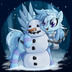 Size: 2000x2000 | Tagged: safe, alternate version, artist:lionbun, imported from derpibooru, oc, oc only, oc:winter love, pegasus, pony, clothes, scarf, snow, snowfall, snowman, socks, solo, striped scarf, striped socks