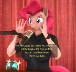 Size: 2276x2160 | Tagged: safe, artist:donglysfm, imported from derpibooru, pinkie pie, anthro, changeling, changeling larva, plantigrade anthro, 3d, alex jones, baby changeling, clothes, cute, cuteling, grub, meme, microphone, ponified meme, revamped anthros, shirt, solo, source filmmaker, text