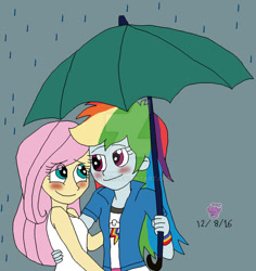 Size: 869x919 | Tagged: safe, artist:stella-exquisa, imported from derpibooru, fluttershy, rainbow dash, equestria girls, blushing, deviantart watermark, duo, female, flutterdash, lesbian, looking at each other, looking at someone, obtrusive watermark, rain, shared umbrella, shipping, umbrella, watermark