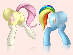 Size: 4096x3058 | Tagged: safe, artist:jotapensfw, imported from derpibooru, fluttershy, rainbow dash, pegasus, pony, butt, butt only, clothes, dress, flank, flutterbutt, half body, orange background, plot, rainbutt dash, raised leg, see-through, simple background, socks, standing, tail, underhoof