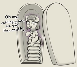 Size: 1932x1678 | Tagged: safe, artist:heretichesh, imported from derpibooru, oc, oc only, oc:mummydew, earth pony, pony, ankh, egyptian, egyptian headdress, egyptian pony, female, filly, foal, monochrome, partial color, pillow, sarcophagus, solo, talking to viewer