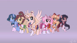 Size: 3840x2160 | Tagged: safe, artist:ponyplushiee, imported from derpibooru, alicorn, earth pony, pegasus, pony, unicorn, aino minako, amy anderson, chibi-usa, female, high res, hino rei, kino makoto, lita kino, looking at you, mare, mina aino, mizuno ami, open mouth, open smile, ponified, purple background, raised hoof, raye hino, rini tsukino, sailor jupiter, sailor mars, sailor mercury, sailor moon, sailor scout, sailor venus, serena tsukino, signature, simple background, smiling, smiling at you, smirk, spread wings, tsukino usagi, wings