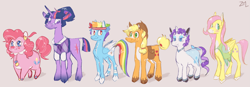 Size: 3625x1262 | Tagged: safe, artist:zamalie, imported from derpibooru, applejack, fluttershy, pinkie pie, rainbow dash, rarity, twilight sparkle, classical unicorn, earth pony, pegasus, pony, unicorn, bag, blaze (coat marking), blush sticker, blushing, body freckles, body markings, choker, cloven hooves, coat markings, colored hooves, colored pinnae, diverse body types, ear piercing, earring, facial markings, female, freckles, glasses, gray background, headband, height difference, hooves, jewelry, leonine tail, mane six, mare, multicolored hooves, pale belly, piercing, redesign, saddle bag, shawl, short, simple background, snip (coat marking), sweatband, sweater vest, tall, unicorn twilight, unshorn fetlocks