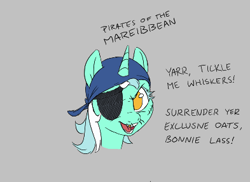 Size: 393x286 | Tagged: safe, lyra heartstrings, pony, aggie.io, bandana, eyepatch, female, food, lowres, mare, oats, open mouth, pirate, simple background, smiling, talking, whiskers