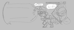 Size: 838x342 | Tagged: safe, rarity, pony, unicorn, aggie.io, clothes, eye beams, female, frown, goggles, life bar, mare, monochrome, open mouth, screaming, simple background