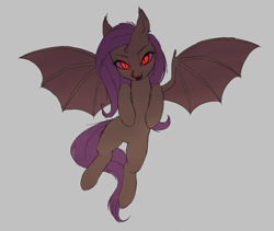 Size: 863x728 | Tagged: safe, fluttershy, bat pony, pegasus, pony, aggie.io, bat ponified, fangs, female, flutterbat, flying, glowing eyes, long tongue, mare, open mouth, race swap, simple background, smiling, spread wings, tongue out, wings