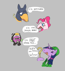 Size: 371x406 | Tagged: safe, applejack, pinkie pie, spike, twilight sparkle, dragon, earth pony, pony, unicorn, aggie.io, batman, clothes, clown, costume, crossed arms, frown, open mouth, simple background, the joker, the penguin, whiskers