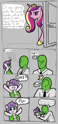 Size: 315x671 | Tagged: safe, artist:poncarnal, princess cadance, princess flurry heart, oc, oc:anon, alicorn, pony, aggie.io, babysitting, comic, door, female, filly, first words, frown, mare, open mouth, simple background, swearing, talking, vulgar