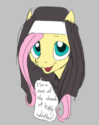Size: 312x393 | Tagged: safe, fluttershy, pony, aggie.io, clothes, female, lowres, mare, nun, open mouth, simple background, smiling, whiskers
