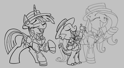 Size: 898x494 | Tagged: safe, artist:anontheanon, fluttershy, spike, twilight sparkle, alicorn, dragon, pegasus, pony, aggie.io, bow, clothes, eyes closed, female, hat, mare, monochrome, open mouth, raised hoof, simple background, singing, smiling