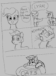Size: 332x450 | Tagged: safe, artist:poncarnal, lyra heartstrings, mayor mare, earth pony, pony, unicorn, aggie.io, comic, food, lowres, monochrome, oats, open mouth, simple background, smiling, talent show