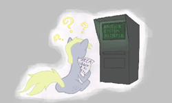 Size: 439x263 | Tagged: safe, derpy hooves, earth pony, pony, aggie.io, computer, female, looking away, lowres, mare, question mark, simple background, sitting