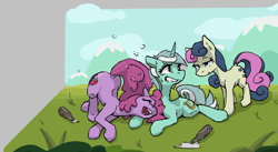 Size: 462x253 | Tagged: safe, berry punch, berryshine, bon bon, lyra heartstrings, sweetie drops, earth pony, pony, unicorn, aggie.io, alcohol, dock, drunk, eyes closed, female, grass, lowres, lying down, mare, nervous, open mouth, raised tail, sweat, tail
