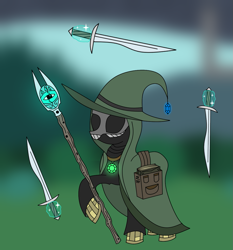 Size: 1111x1193 | Tagged: safe, artist:wallbeige, wallflower blush, pony, cloak, clothes, memory stone, skull, staff, sword, weapon