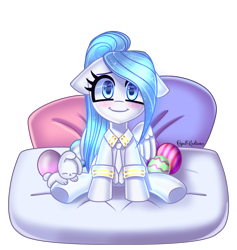 Size: 2880x3040 | Tagged: safe, artist:opal_radiance, imported from derpibooru, opalescence, oc, pegasus, pony, commission, cute, easter, holiday, pillow, ponysona, rosamond, sitting, solo, your character here