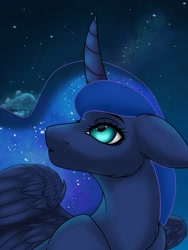 Size: 1536x2048 | Tagged: safe, artist:ondrea, imported from derpibooru, princess luna, alicorn, pony, bust, constellation, curved horn, flowing mane, horn, looking up, night, portrait, solo, stars