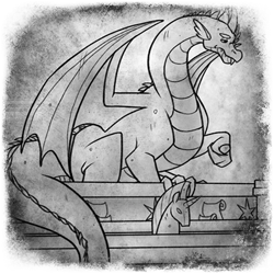 Size: 400x400 | Tagged: safe, artist:arcticwaters, imported from twibooru, spike, dragon, fanfic:the enchanted library, adult, adult spike, fanfic art, gem, image, monochrome, older, older spike, png, solo, statue