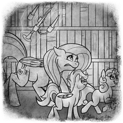 Size: 400x400 | Tagged: safe, artist:arcticwaters, imported from twibooru, fluttershy, scootaloo, sweetie belle, pony, fanfic:the enchanted library, black and white, book, bookshelf, chandelier, fanfic art, female, filly, grayscale, image, mare, monochrome, png, scared