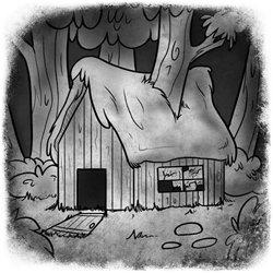 Size: 400x400 | Tagged: safe, artist:arcticwaters, imported from twibooru, fanfic:the enchanted library, black and white, dilapidated, fanfic art, grayscale, house, image, monochrome, no pony, png, ruin, tree