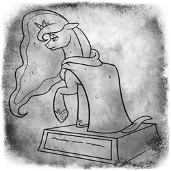 Size: 400x400 | Tagged: safe, artist:arcticwaters, imported from twibooru, princess luna, alicorn, pony, fanfic:the enchanted library, black and white, cloak, clothes, fanfic art, female, grayscale, image, mare, monochrome, png, sad, solo, statue