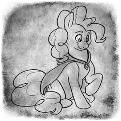 Size: 400x400 | Tagged: safe, artist:arcticwaters, imported from twibooru, pinkie pie, pony, fanfic:the enchanted library, black and white, cloak, clothes, female, grayscale, image, jewelry, mare, monochrome, necklace, png, sitting