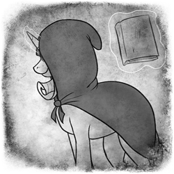 Size: 400x400 | Tagged: safe, artist:arcticwaters, imported from twibooru, discord, rarity, unicorn, fanfic:the enchanted library, black and white, book, cloak, clothes, grayscale, image, impersonating, magic, monochrome, png, telekinesis