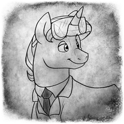 Size: 400x400 | Tagged: safe, artist:arcticwaters, imported from twibooru, oc, oc only, oc:brazened awe, oc:knowledge quill, pony, unicorn, fanfic:the enchanted library, black and white, clothes, goggles, grayscale, image, male, monochrome, png, stallion, suit