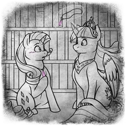 Size: 400x400 | Tagged: safe, artist:arcticwaters, imported from twibooru, rarity, twilight sparkle, alicorn, pony, fanfic:the enchanted library, blushing, book, bookshelf, fanfic art, female, image, jewelry, magic, mare, necklace, png, sitting, spirit, talking, telekinesis, twilight sparkle (alicorn)